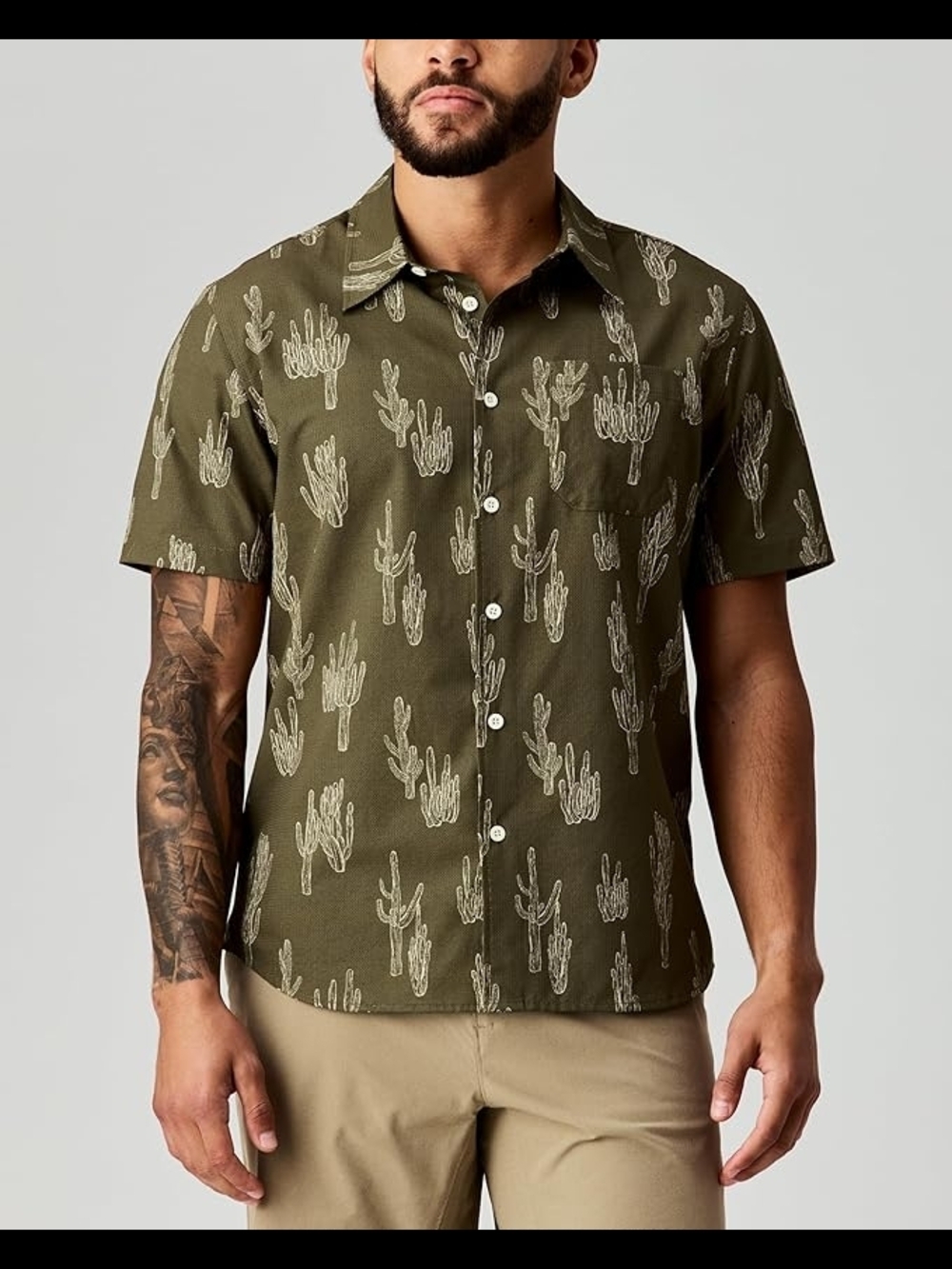 Huckberry olive green cactus print button-down shirt, Airwave Proof Performance